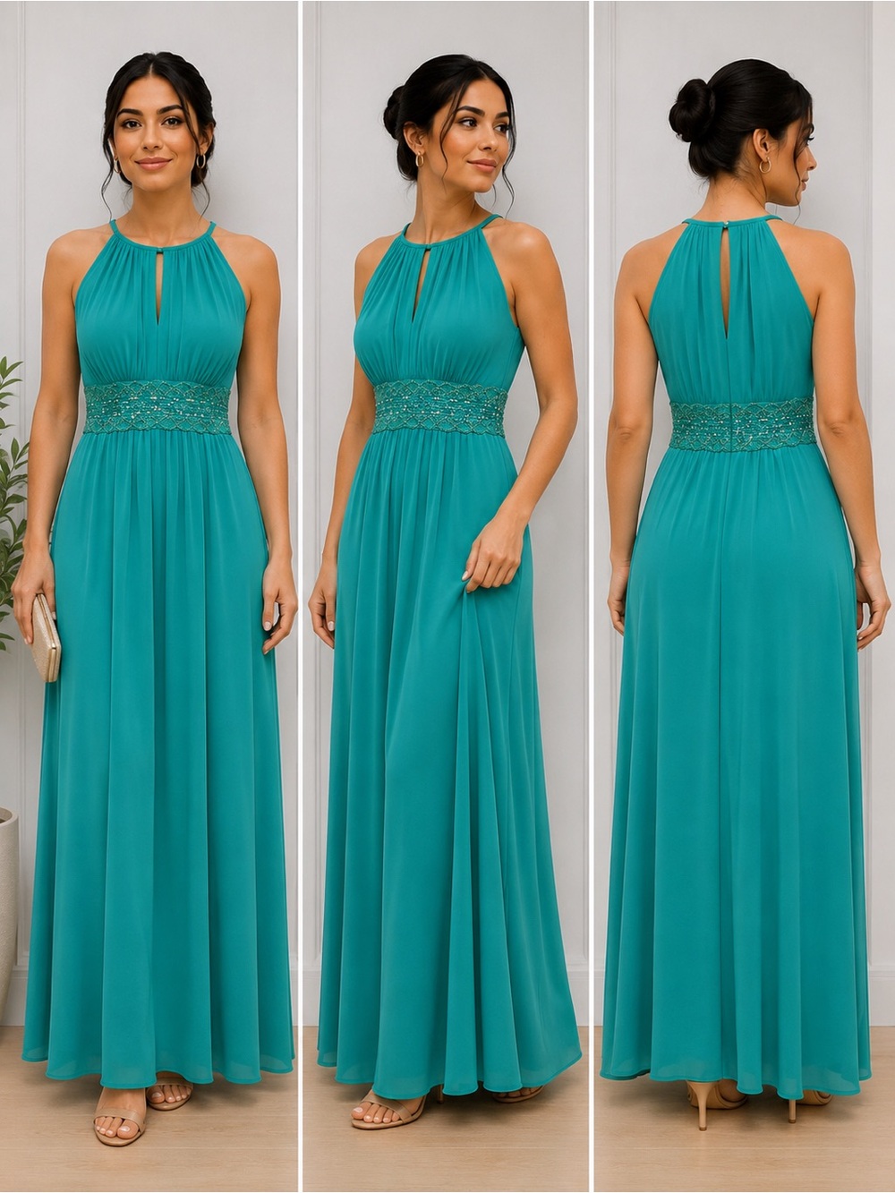 Teal Halter Evening Gown with Beaded Waistband
